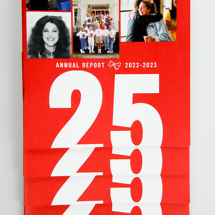 Gilda’s Club Middle Tennessee annual report booklet with bold red cover and anniversary branding