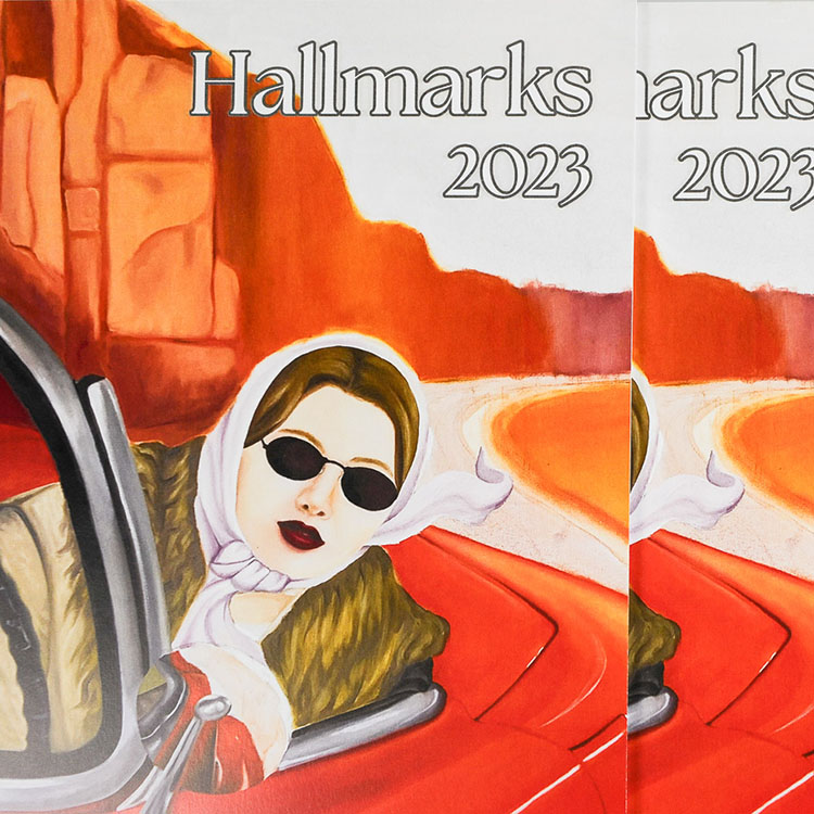 Hallmarks 2023 student arts magazine with illustrated red car cover and premium print production