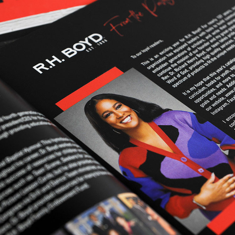 R.H. Boyd catalog interior page with executive profile and premium commercial printing
